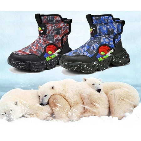 

Waterproof Boys Snow Boots Hook and Loop Faux Fur Lined Anti-Slip Winter Warm Booties
