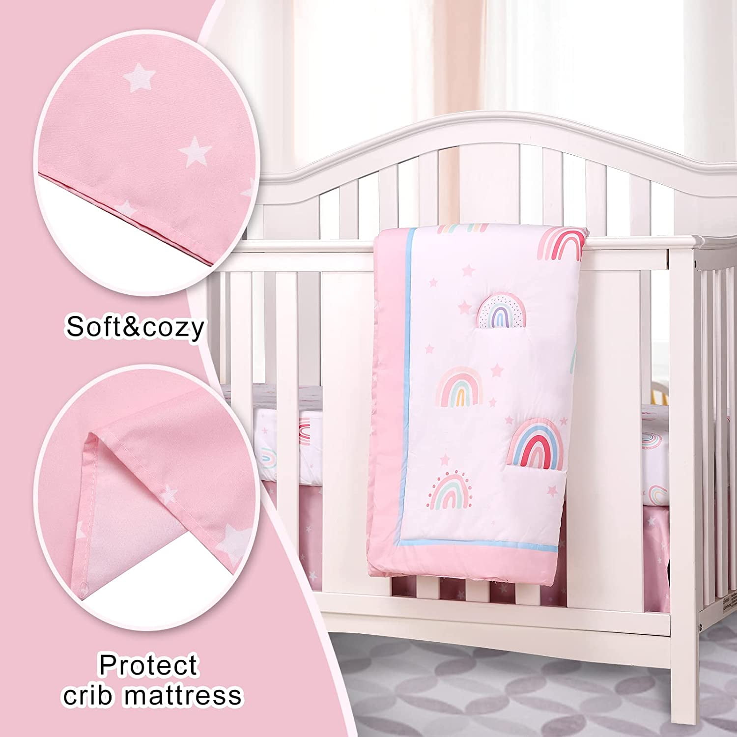 Sweet Baba Pink Rainbow Crib Bedding Set for Baby Girls, 5 PC Nursery Set Including Quilt/Skirt/Crib Sheet/Diaper Stacker/Blanket