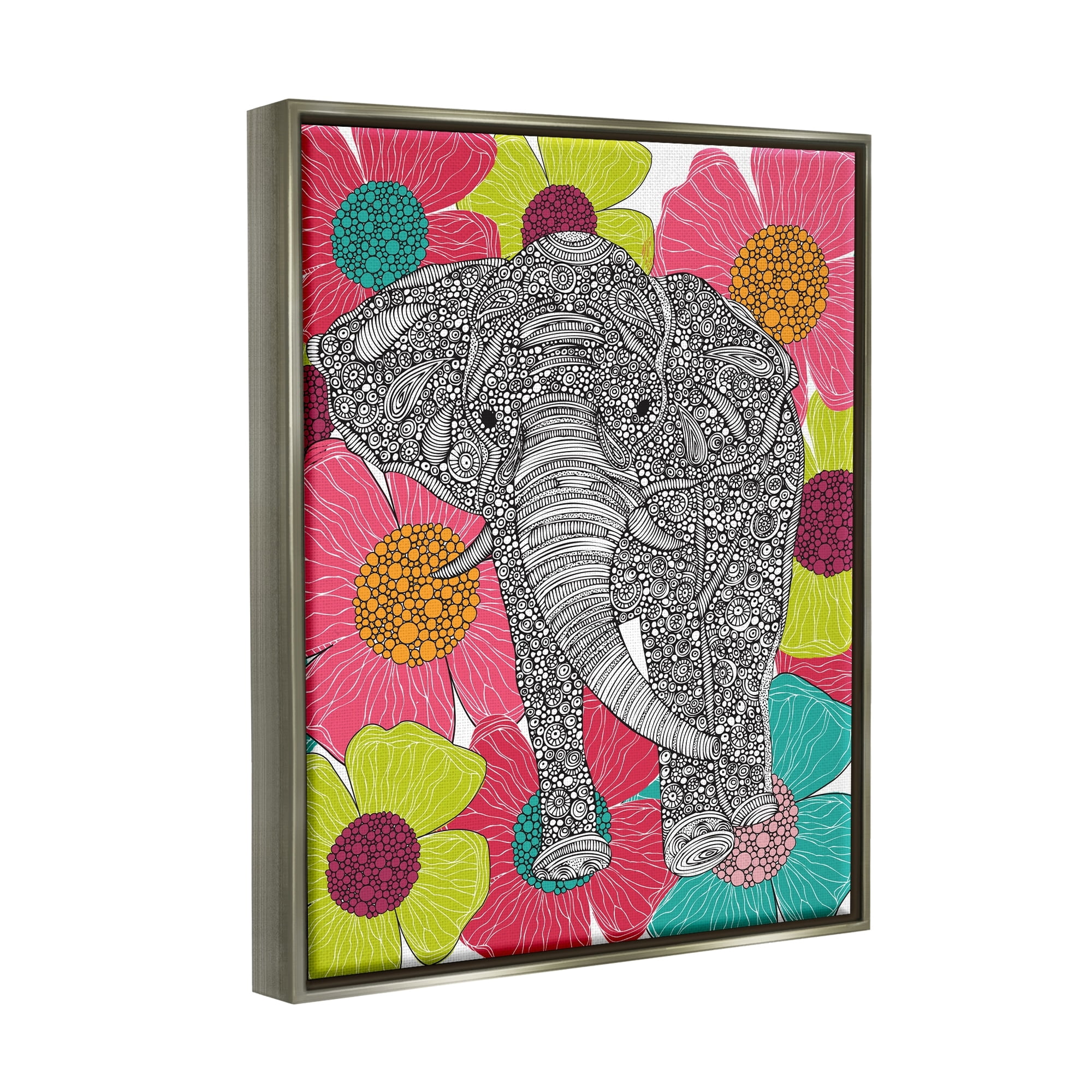Stupell Industries Bold Modern Elephant Flower Blossoms Intricate Patterns Graphic Art Luster Gray Floating Framed Canvas Print Wall Art, Design by Valentina Harper