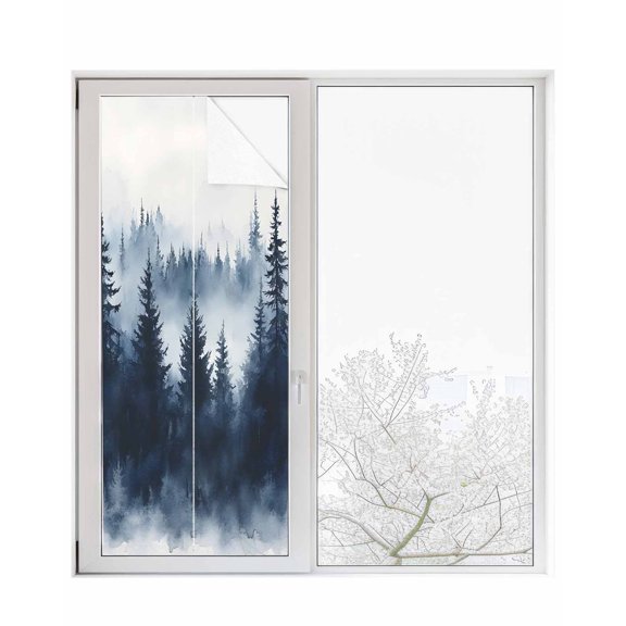 Window Privacy Film Navy Blue Forest Stained Glass Window Film Decorative Sun Block Window Cover Ombre Tree Abstract Art Window Clings Static Adhesive Sticker for Bathroom 23.6"x59"