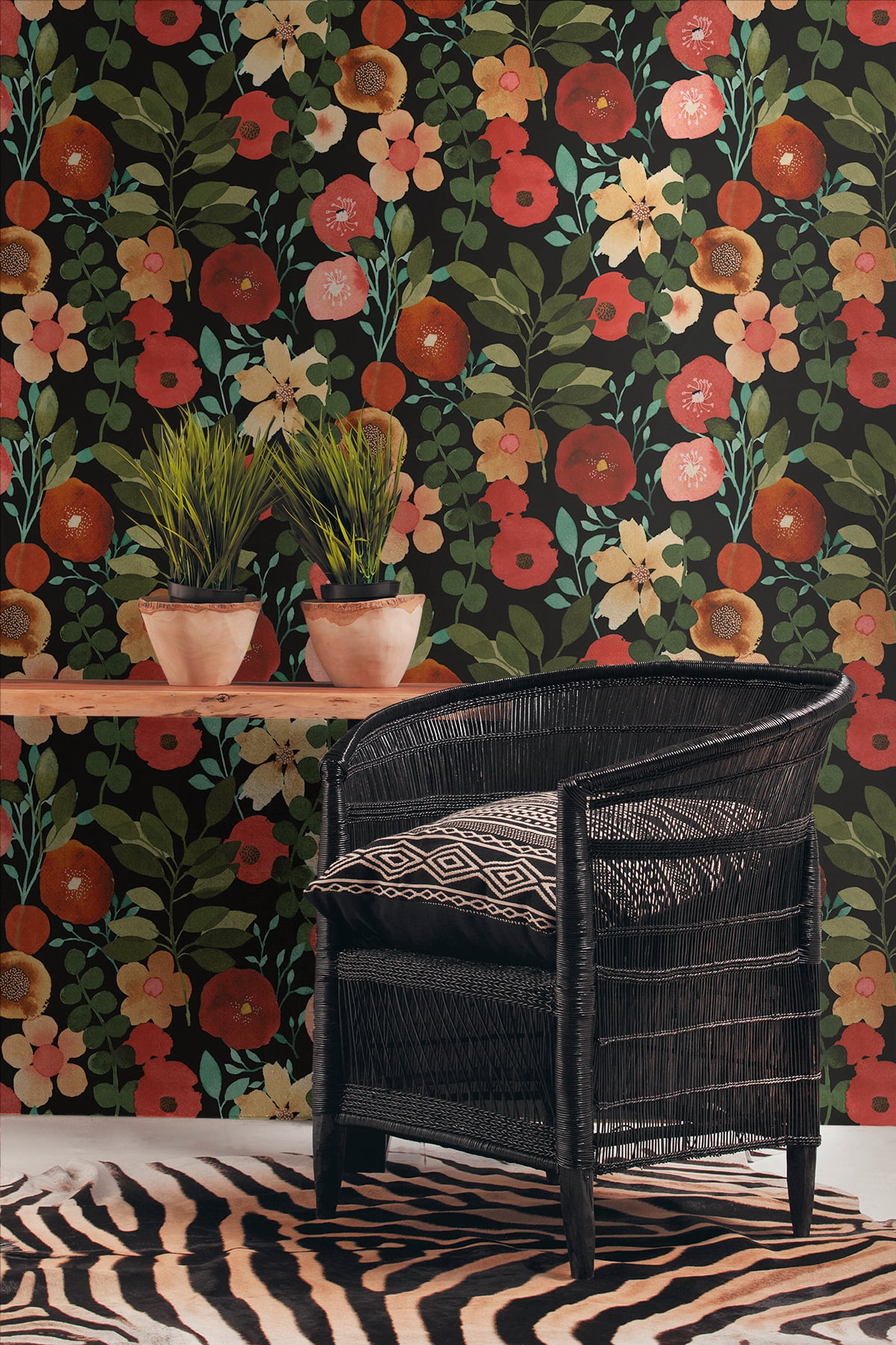 NextWall Jet Black & Ruby Garden Dance Peel and Stick Wallpaper