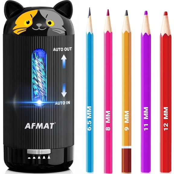 AFMAT Electric Pencil Sharpener, Fully Automatic, for 6.5-12mm Pencils, Rechargeable & Cordless, Auto in & Out, 5 Nibs, 7K Uses, Replaceable Blade, Cute Sharpener for Classroom/Home/Office, PSJ5