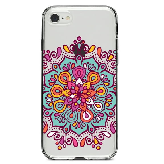 DistinctInk Clear Shockproof Hybrid Case for iPhone 7 8 SE (2020 Model) 4.7" Screen TPU Bumper Acrylic Back Tempered Glass Screen Protector - Jewel Tone Mandala Colorful