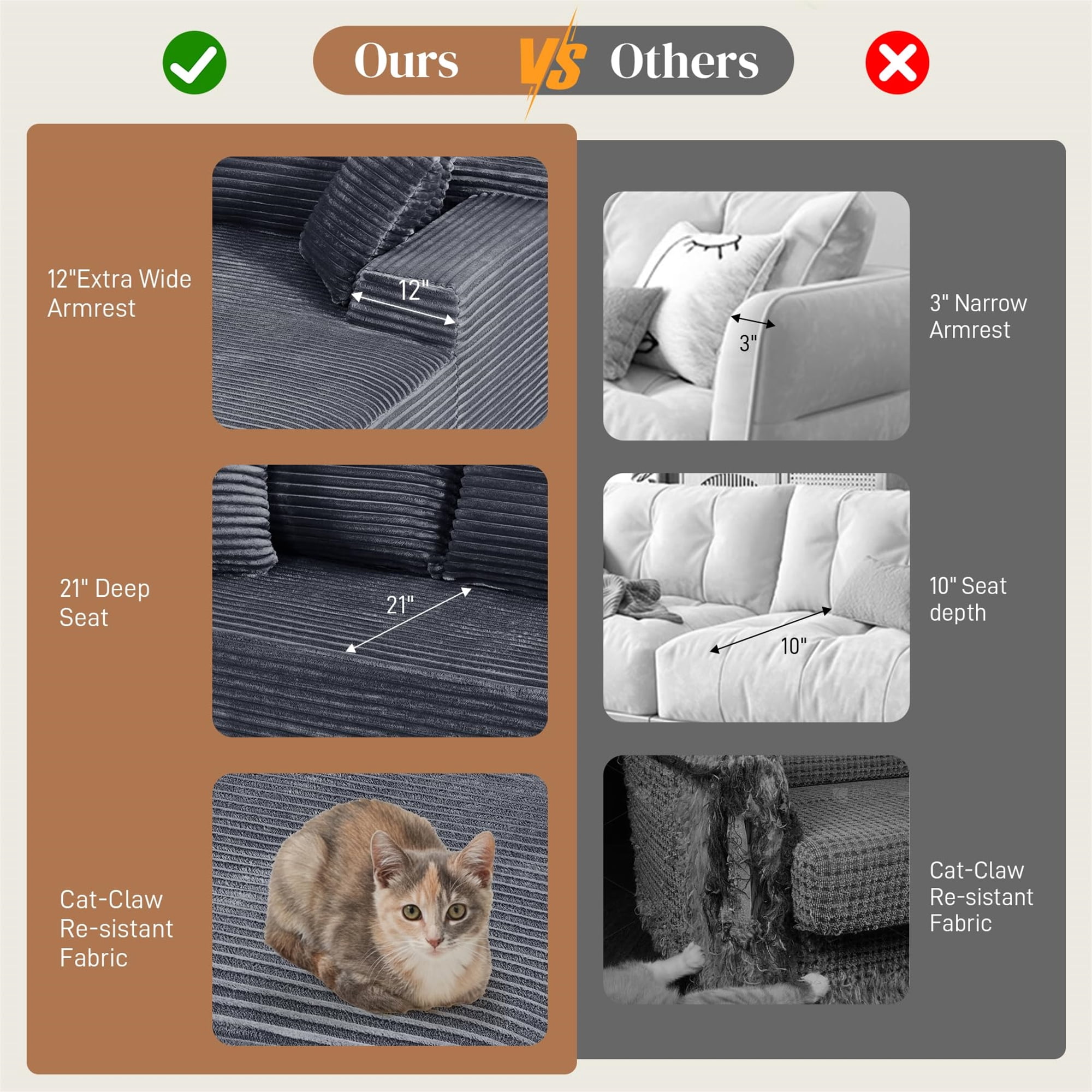 Aukfa 108" Cloud Sectional Sofa Deep Seat Boneless Couch Modular L-Shaped Couch, Rihgt Chaise Corduroy Sofa for Living Room, Gray