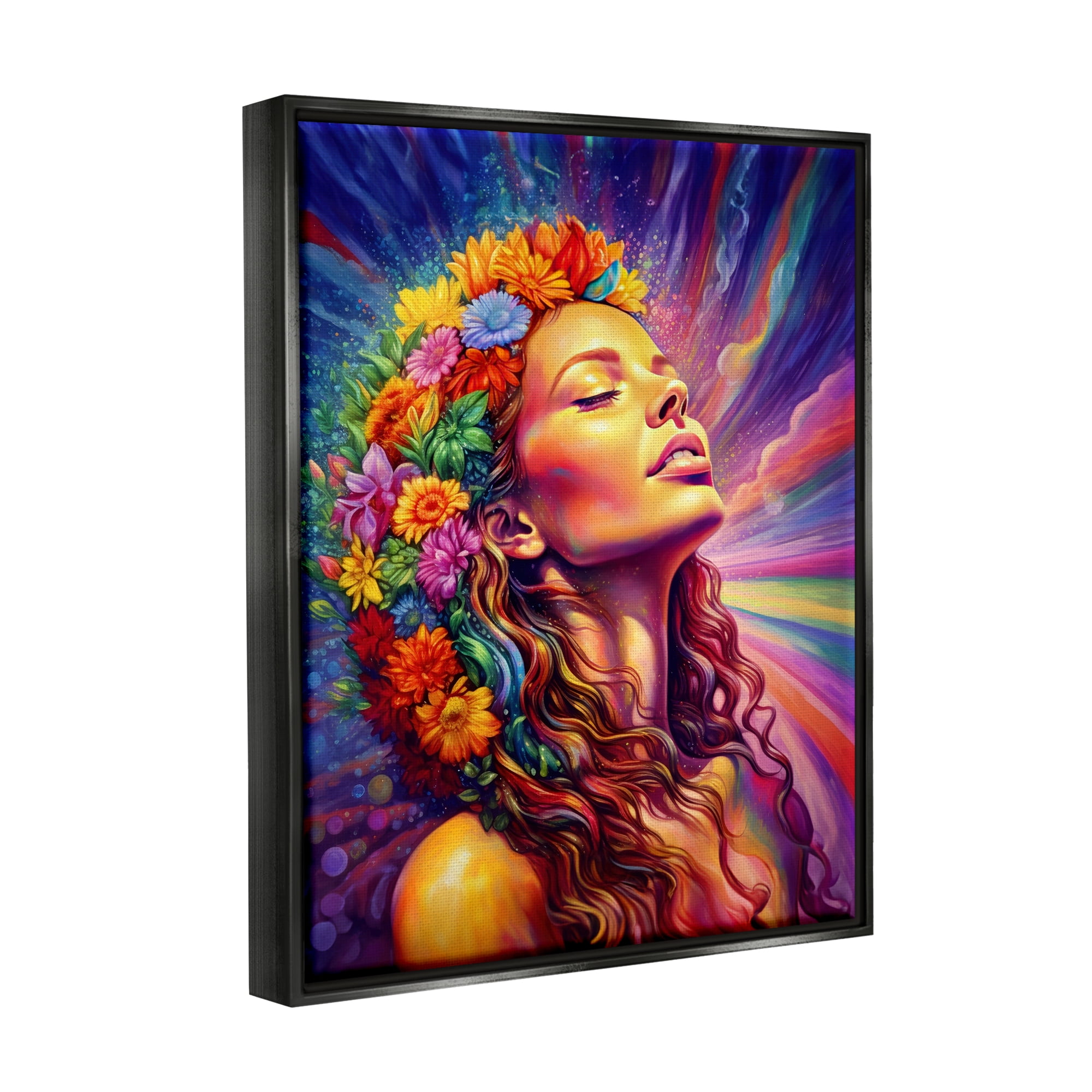 Stupell Industries Woman with Floral Garland Botanical & Floral Painting Black Floater Framed Canvas Art Print Wall Art, 25 x 31