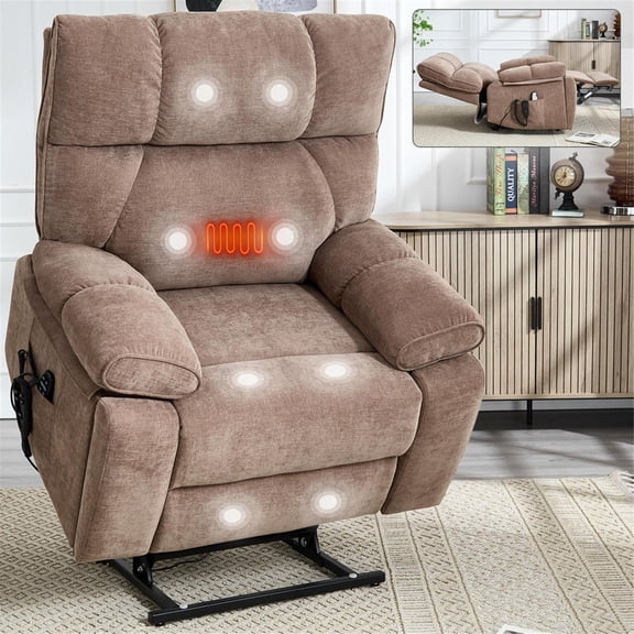 Spaco Brown Large Dual Motor Power Lift Recliner - Heat Massage with Hidden Cup Holders, Power Remote