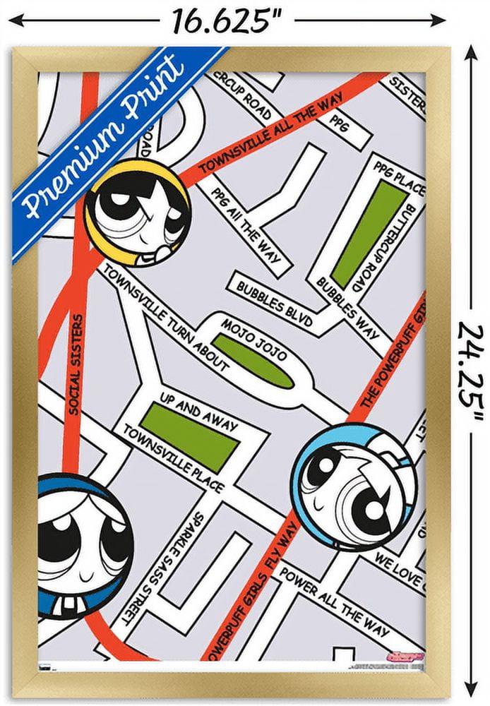 The Powerpuff Girls - Group Map Wall Poster, 14.725" x 22.375", Framed