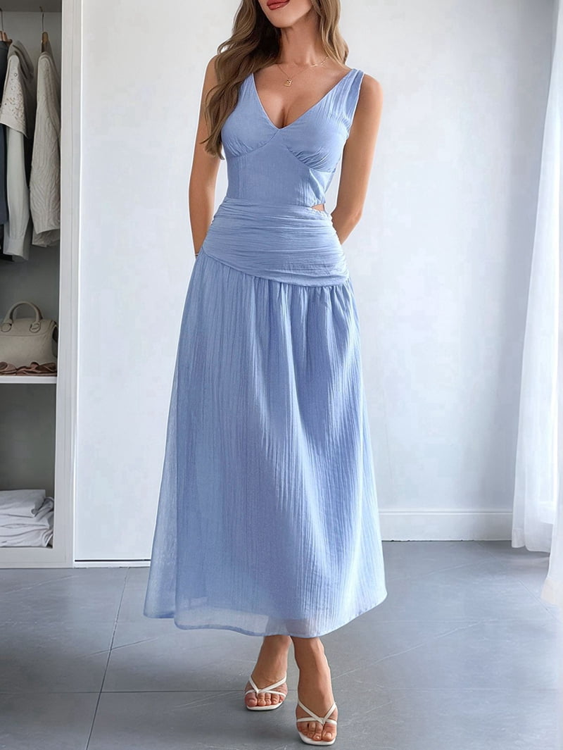 Women'S Summer Sleeveless Casual Dresses V-Neck Wrinkles Backless Party Dress Blue M