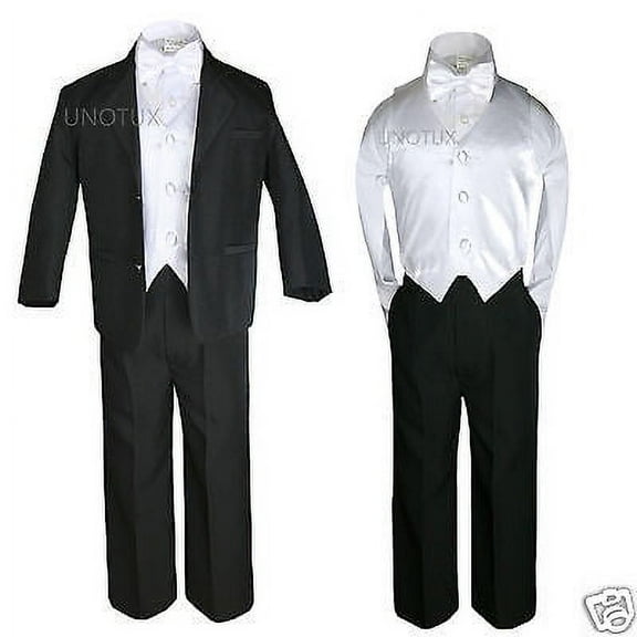 5pc White Vest Bow Tie Boy Baby Toddler Formal Wedding Black Suit Tuxedo S-20