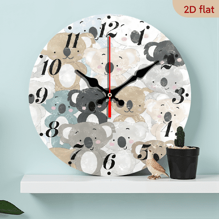 2D Flat 1pc 10Inch Wooden Cute Koala Bear Cartoon Baby Animal Wall Clock Round Battery Operated Decorative Clock for Kitchen School Office MDF