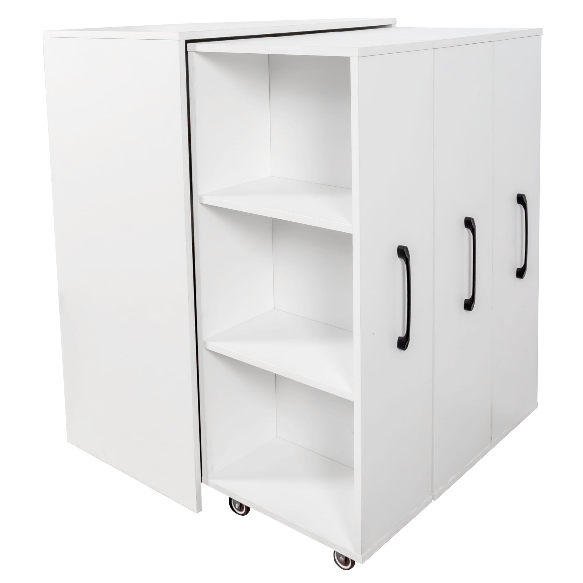 Bookcase 3-Tier Pull-Out Door Storage Cabinet with Wheels for Office Bedroom, White