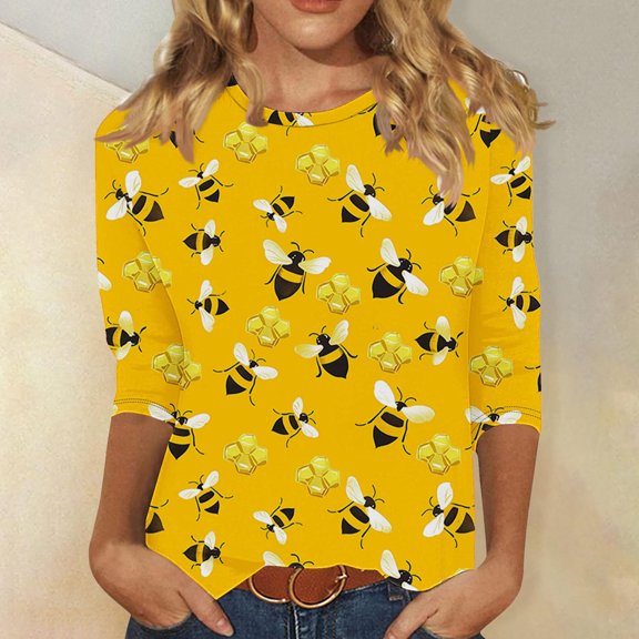 Bee Print Tops for Women 3/4 Sleeve Tops and Blouses Womens Cotton Tops Dressy Casual Deep V Neck Summer Tops for Women Printed Button down Shirts for Women orders placed by me