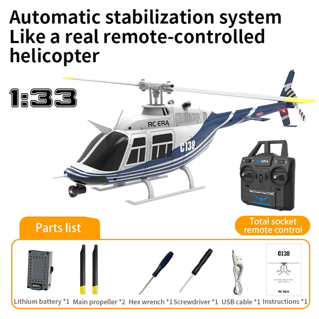C138 RC Helicopter, 2.4G 6CH No Aileron Design with Altitude Hold & 6-Axis Gyro for Ultra-Stable Flight, One-Key Takeoff & Landing, Beginner-Friendly RC Aircraft for Adults (RTF)