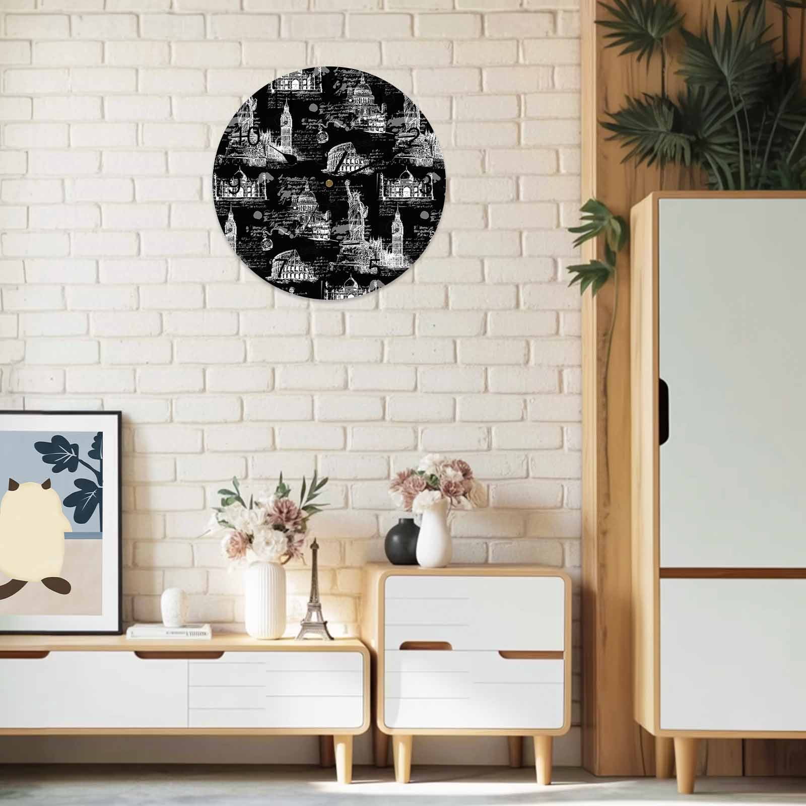 Wall Clock Architecture Landscape Clocks PVC Silent Non-Ticking Battery Operated Decorative Black Scenic Spots Round Clock for Home Living Room Kitchen Bedroom Office School Wall Decor 10 Inch