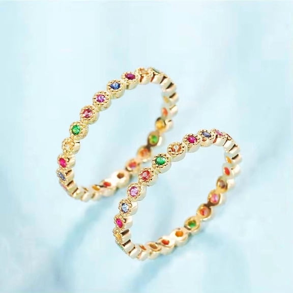 Round Cut Lab created Multi sapphire And bezel Setting Unique Wedding Band Rings in 925 sterling Silver Perfect Bride Gift Fine Jewelry