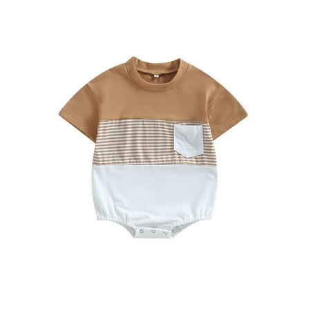 

Infant Baby Boys Girls Summer Romper Outfits Contrast Color Stripe Short Sleeve Crew Neck Pocket Jumpsuits Summer Casual Bodysuits