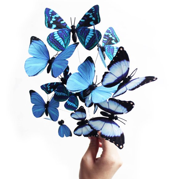 Decoraciones de mariposas naudassods, 12 piezas, DIY, estacas 3D, azul