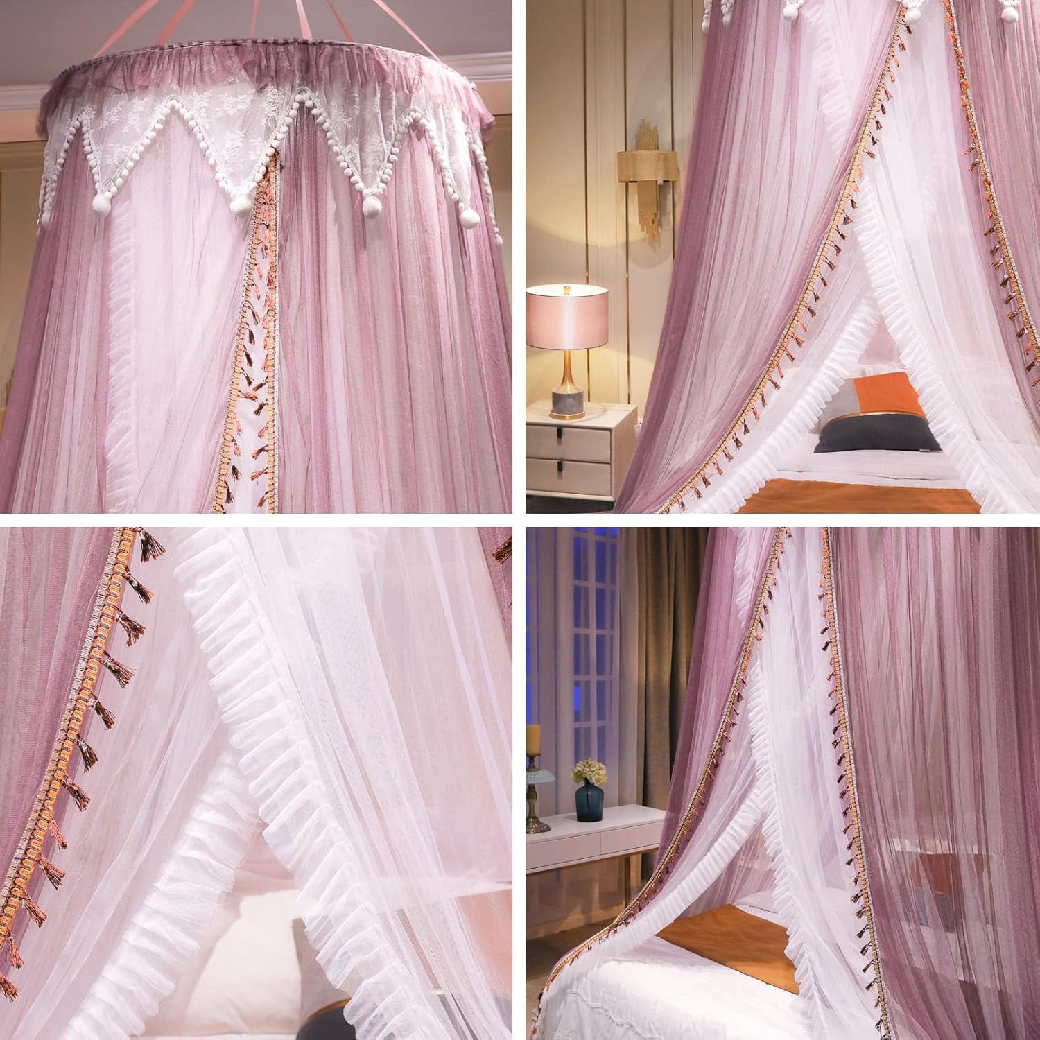 Girls and Adults Canopy Bed, Elegant Double-Layer Bed Curtain, Children's Dream Round Lace Mosquito Net, Princess Canopy Net - Fits Twin, Full, Queen, and King Beds (White/Red Bean)