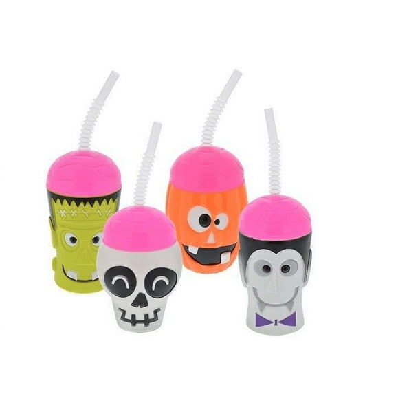 Halloween Character Cups with Straws Set of 4 Vampire, Jack-O-Lantern, Skeleton and Frankenstein
