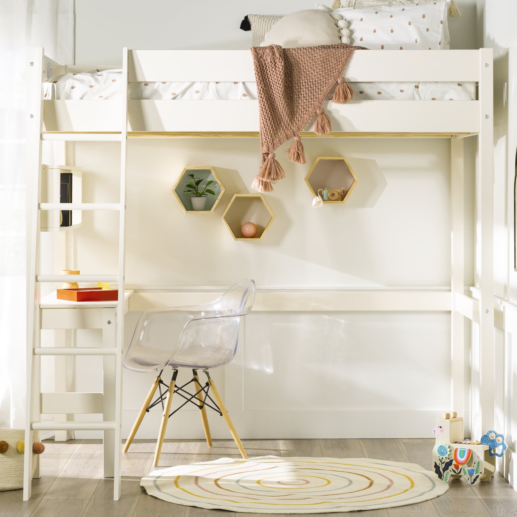 Walker Edison Modern Solid Wood Twin Loft Bed with Built-in Desk, White