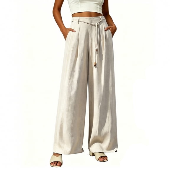 Ihhxva Women's Linen Pants Elastic Waist Loose Fit Solid Color Summer Casual with Pockets Trousers Slacks - White L