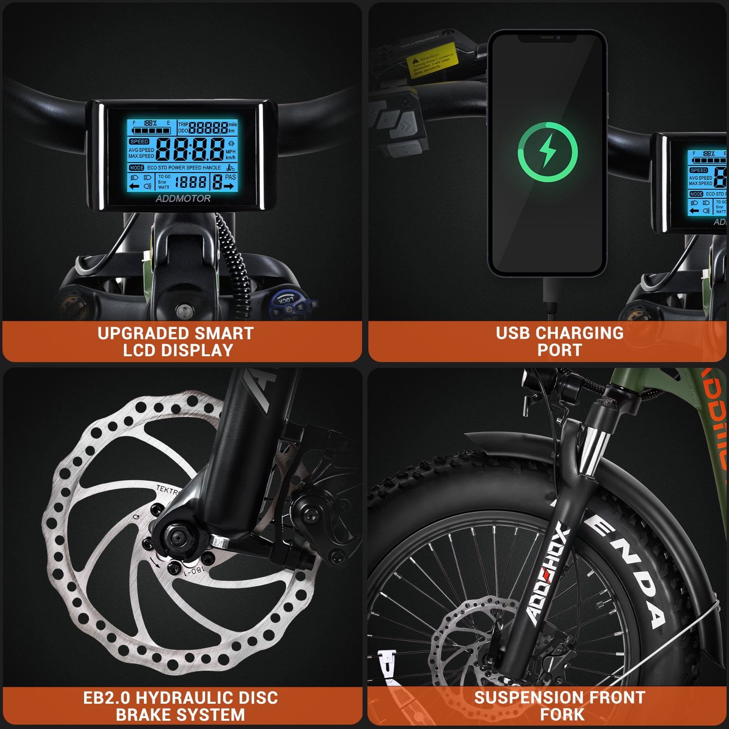 Addmotor Cargo Electric Bike, 105 Miles Range Electric Bicycle, 750W 48V 20AH Removable Samsung Battery UL Certified, Fat Tire Ebike for Adults, Shimano 7 Speed, M-81 Orange