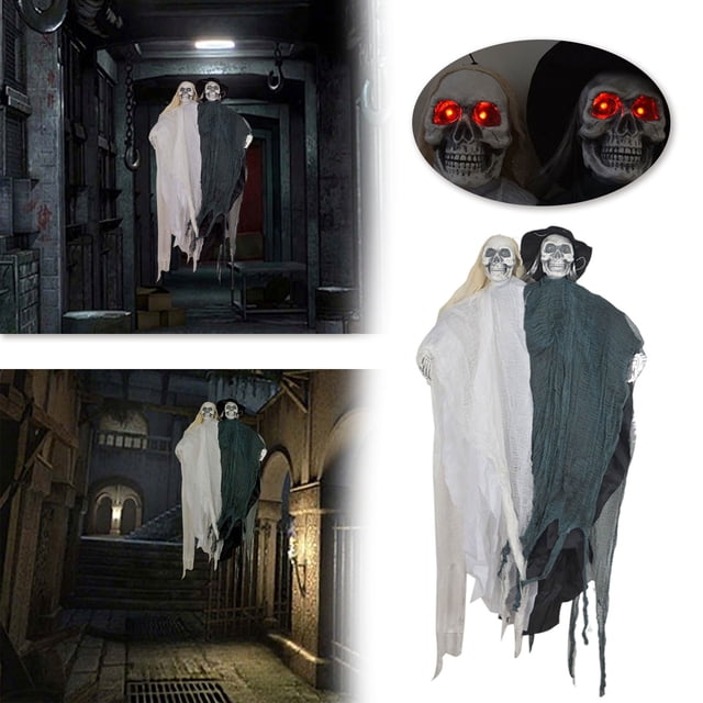Décorations d'Halloween Effrayantes Halloween Marié Marié Squelette Suspendu avec Activation Sonore Yeux Rouges Figurine de Couple Noir et Blanc pour Intérieur Extérieur Cour Cornes à Clip Cape à Capuche Cape avec Capuche et