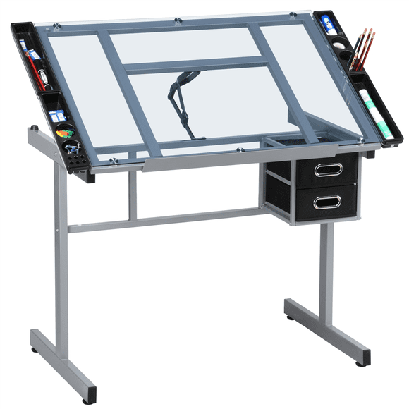 Yaheetech Adjustable Drafting Drawing Craft Table w/Storage Drawers,Silver