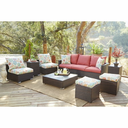 Handy Seat - Handy Living Aldrich Brown 8-piece Rattan Indoor/Outdoor Seating Grouping with Orange Floral Cushions