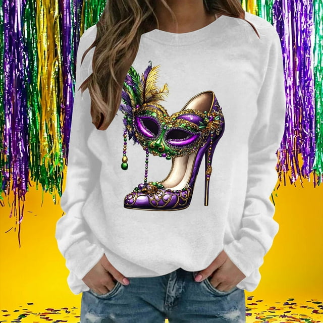 Xuyuer Women's Carnival Printed Long Sleeved Round Neck Mardi Gras Sweatshirt Carnival Outfits Women Carnival Sweatshirts Fat Tuesday Fashionable Pullover Tops