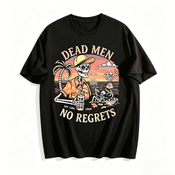 NUBILY Dead Men No Regrets Vintage Skeleton Beach Party Graphic Tee Casual Summer Short Sleeve T-Shirt,Graphic T Shirts For Men,Black,3xL