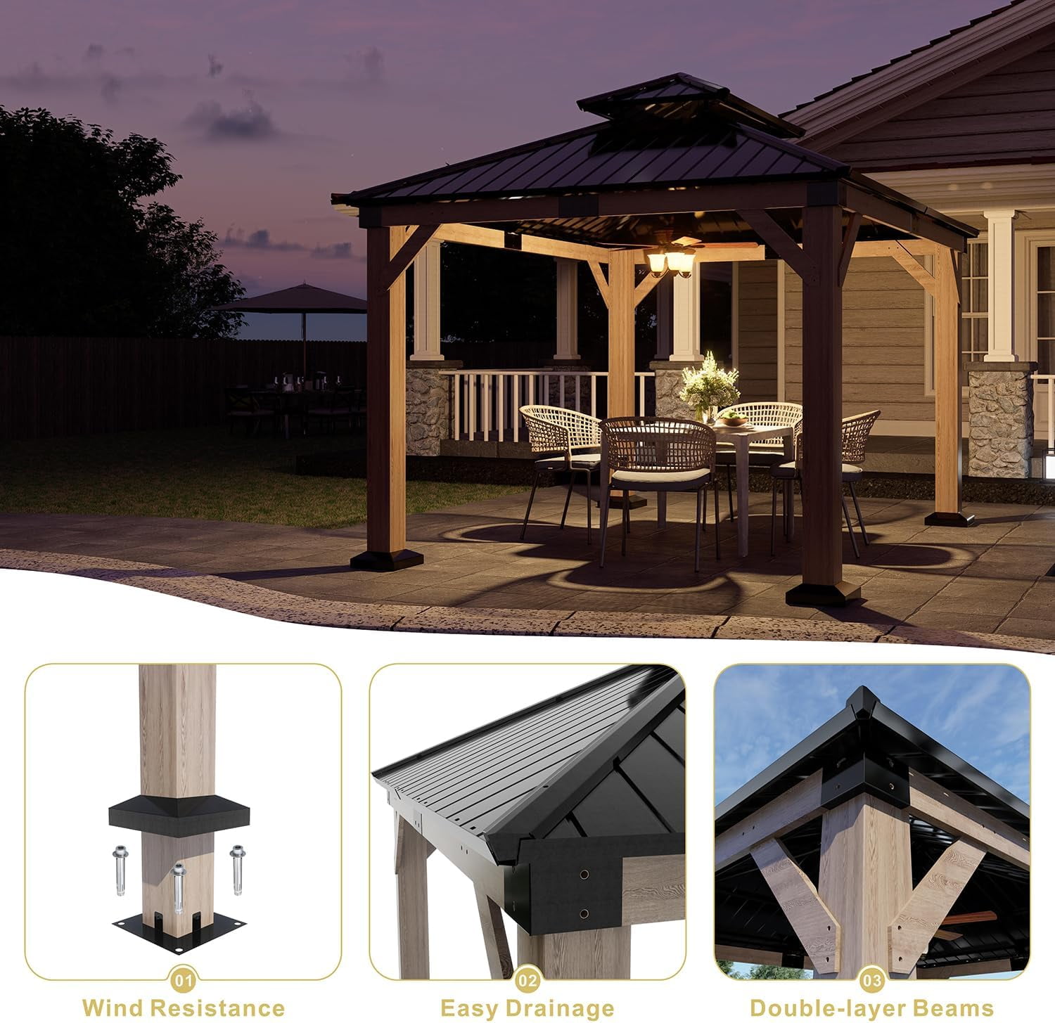 SOLUMIA 10'x12' Hardtop Gazebo Cedar Wood Frame with Double Galvanized Steel Roof, Brown, for Patio or Backyard