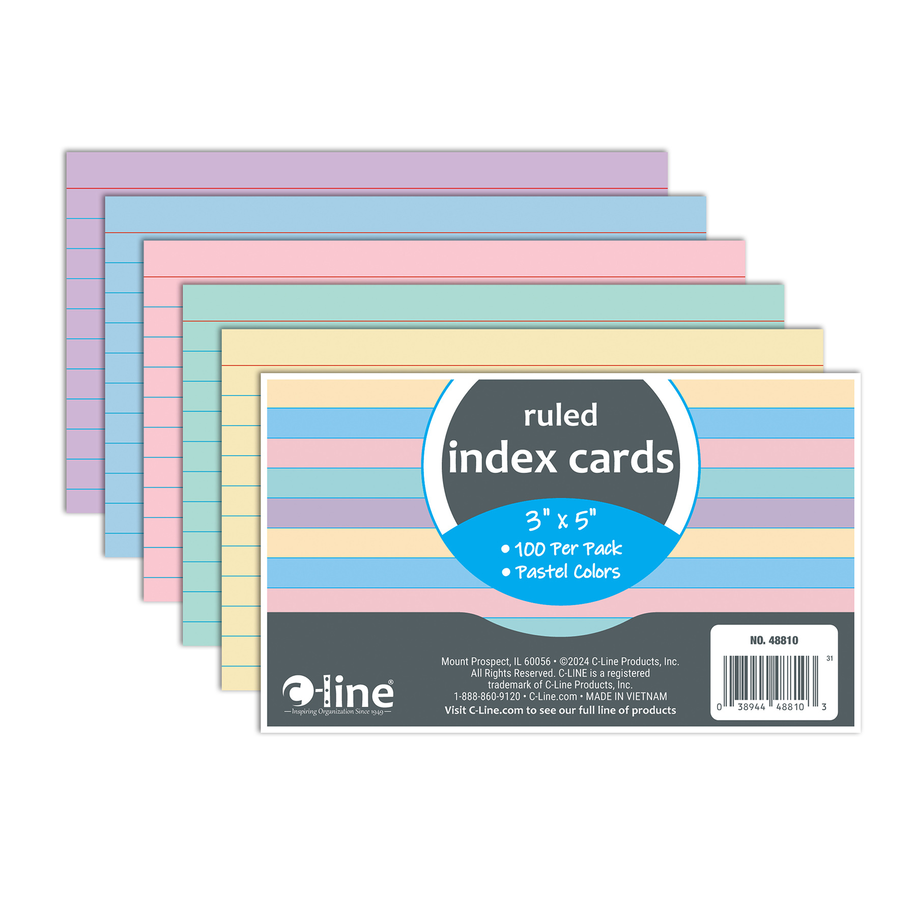 C-Line Index Cards, 3" x 5", Assorted Colors, Ruled, 100 Per Pack, 10 Packs