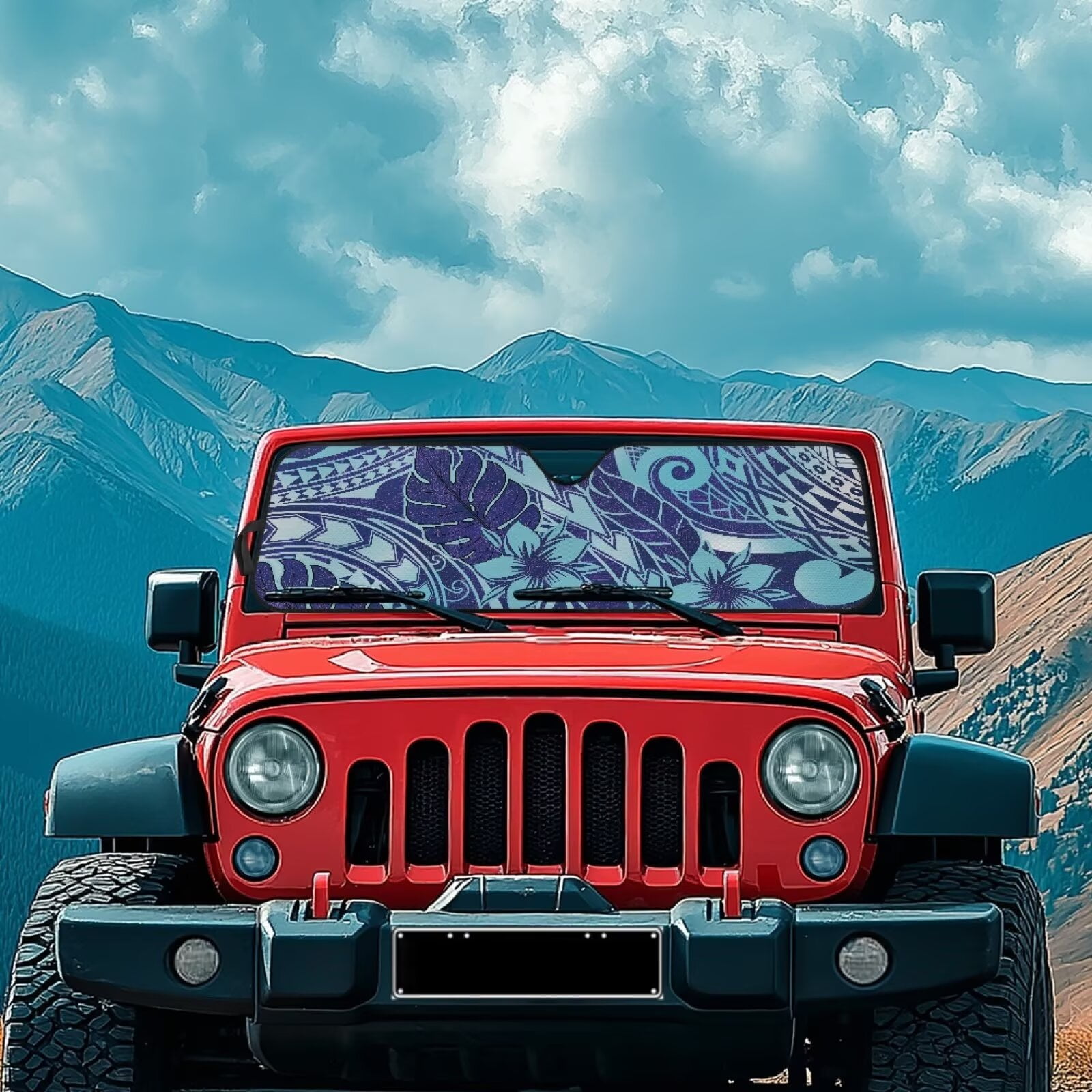 Uorisanigo Windshield Sun Shade for 2018-2025 Jeep Wrangler JL/2020-2025 Jeep Gladiator, Front Window Blue Polynesian Flowers Sunshade, Aluminum Foil Structure Block UV Rays and Heat