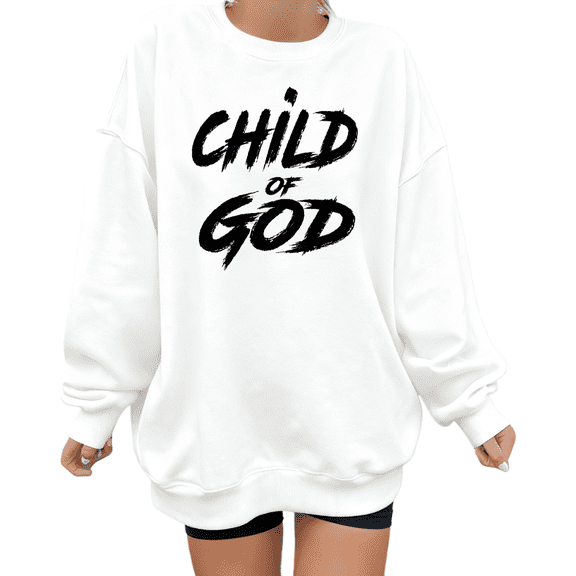 Women's Stylish Brushstroke Black Graphic Child Of God Sweatshirt Comfortable Casual Round-neck long-sleeved White S-3XL
