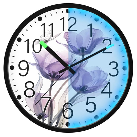 Ryvnso Tulips and Butterfly 12 Inch Night Light Wall Clock Silent Battery Operated Luminous Clocks
