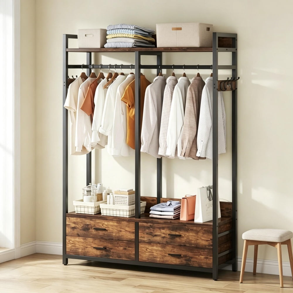 Freestanding Industrial Closet Organizer, 47" Clothing Rack with 4 Drawers, Shelves & 8 Hooks, Metal Frame Open Wardrobe with Anti-Tip Straps for Bedroom
