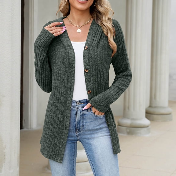 Women's Hooded Cardigan Sweater Ribbed V Neck Long Sleeve Button Front Mid Length Loose Casual Knitwear Coat Green XL