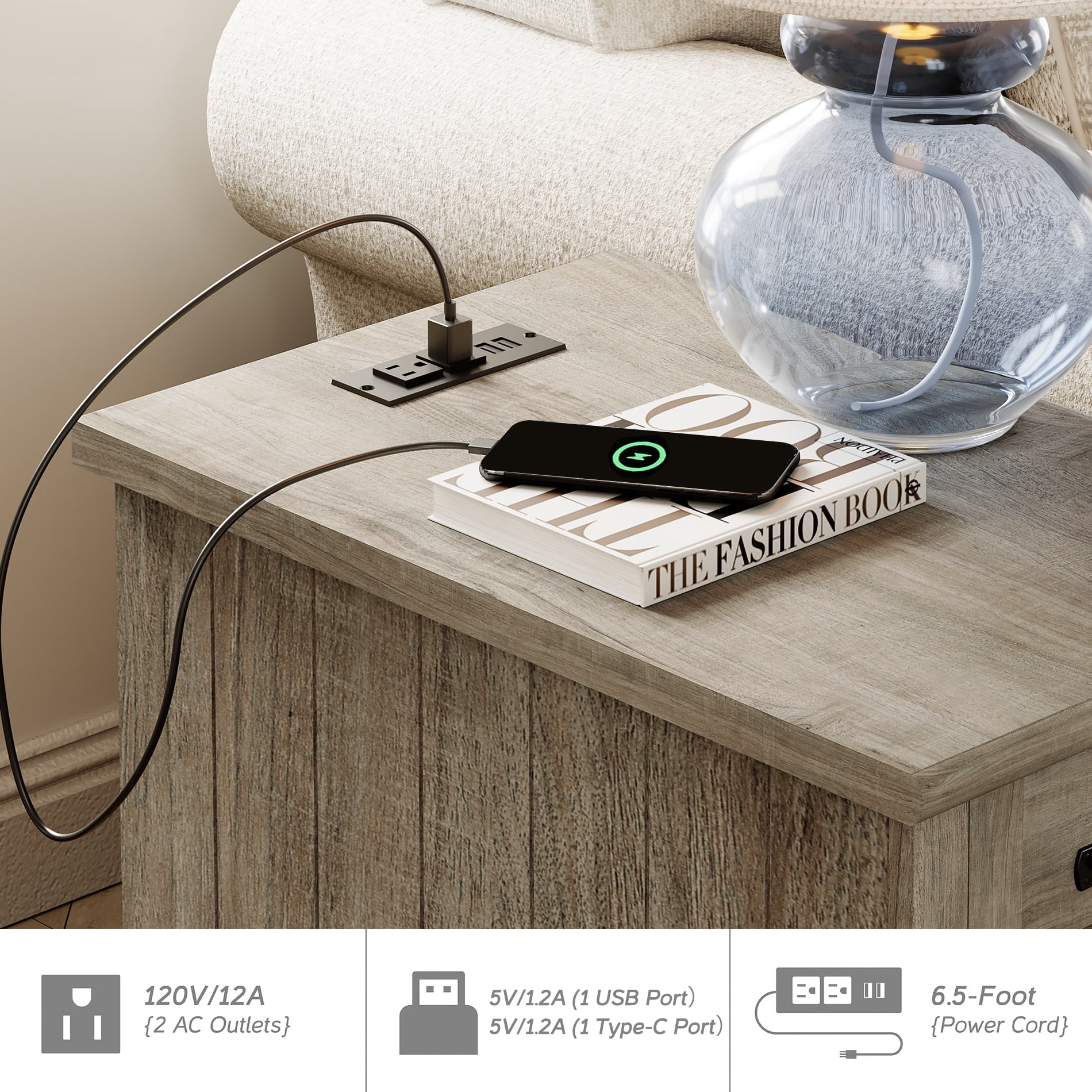 Gray End Table with Drawer & Cabinet, Wooden Side Table Nightstand with Charging Station for Living Room & Bedroom