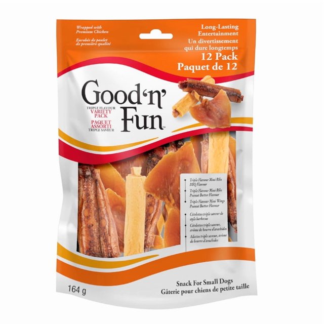 Good'N'Fun Paquet Assorti Triple Saveur Contient 4 Unités de Côtelettes au Beurre d'Arachides, 4 Unités d'Ailettes au Beurre d'Arachides & 4 Unités de Côtelettes BBQ, Offrez à Votre Petit Chien des Gâteries à Mâcher en Cuir Brut Qui Durent Longtemps