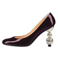 thumbnail image 2 of FSJ Women Classic Round Closed Toe Pumps Slip On Pearl Beadded Chunky High Heel Patent Leather Office Party Dressy Shoes Size 10.5 Purple, 2 of 4