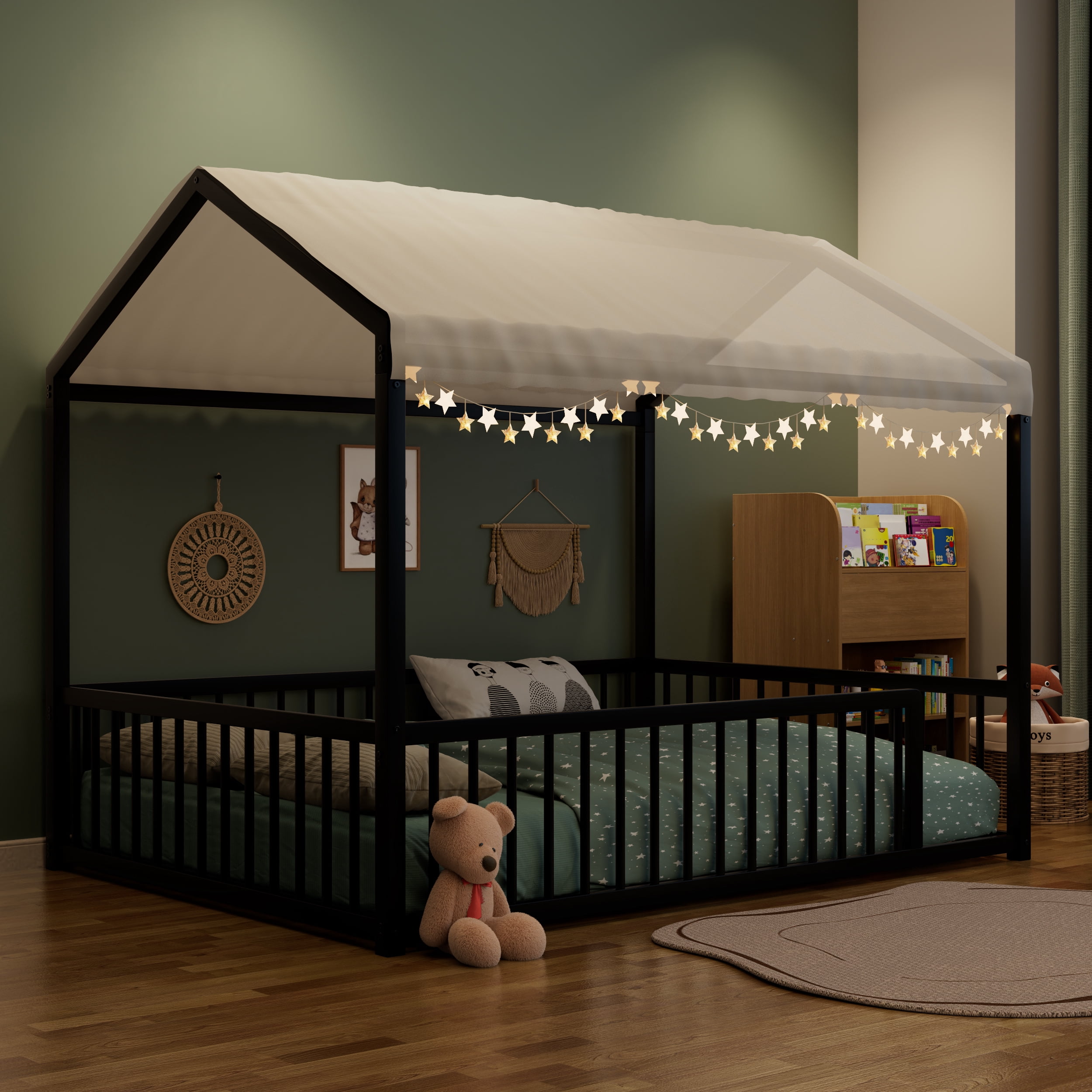 Euroco Metal Full Size Canopy Bed, Low Profile House Bed with Guardrails, Black