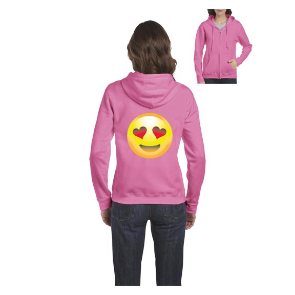 Womens Emoji Heart-Shaped Eyes Full-Zip Hooded Sweatshirt