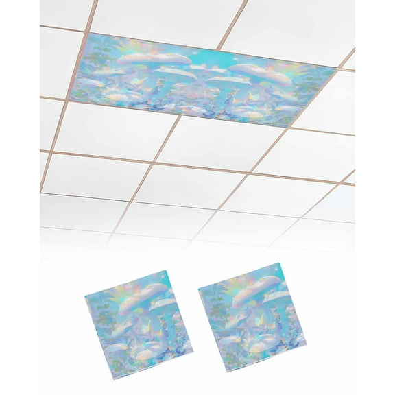 Fluorescent Light Covers for Ceiling Lights 2 Pack, Blue Pink Mshroom Magnetic Ceiling Light Covers 2x4ft for Classroom Office School, Botanical Butterfly Contemporary Art Drop Ceiling Light Shade