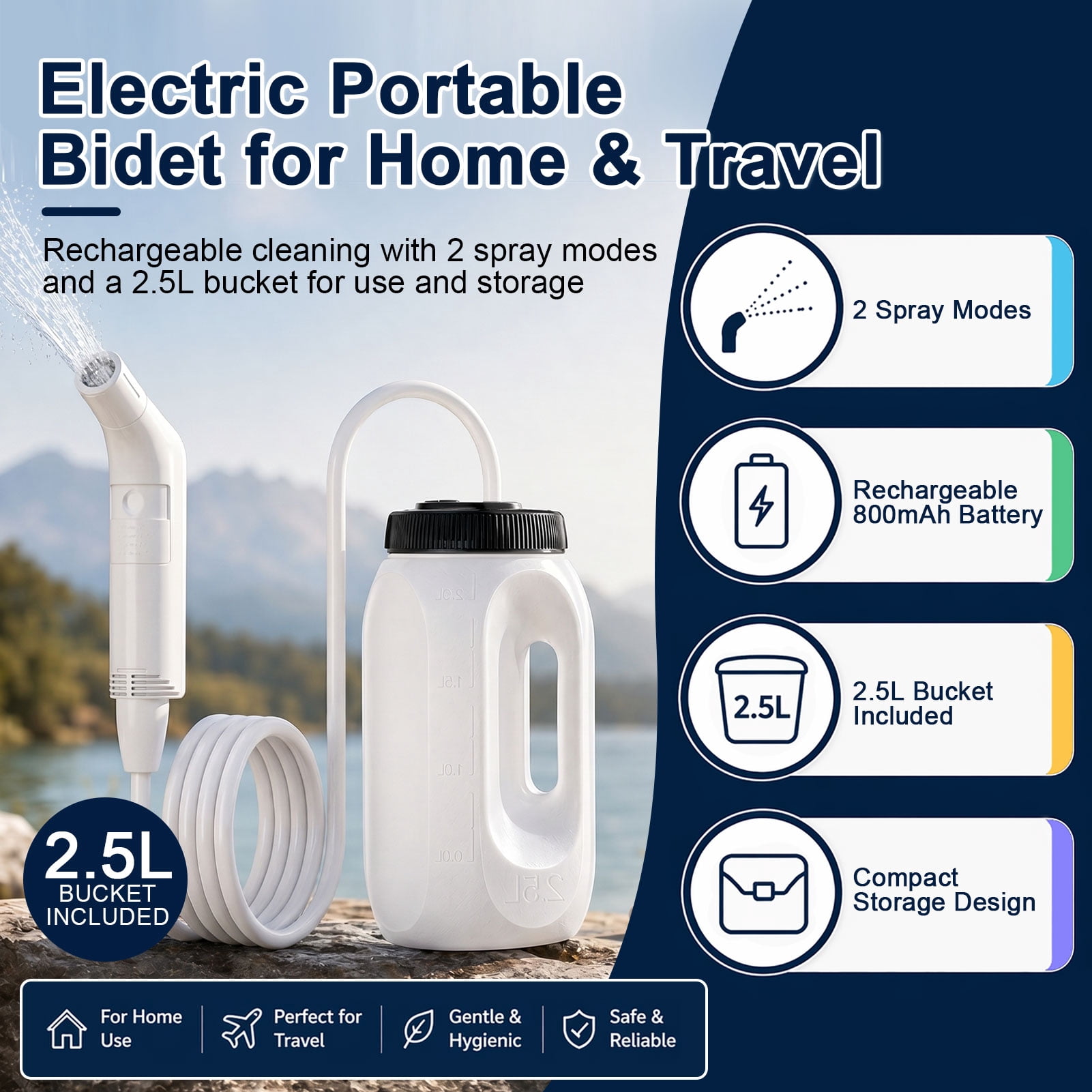 WOWER Portable Electric Bidet with 2.5L Bucket, Rechargeable Handheld Bidet Sprayer with 2 Pressure Modes for Travel, Camping and Personal Hygiene