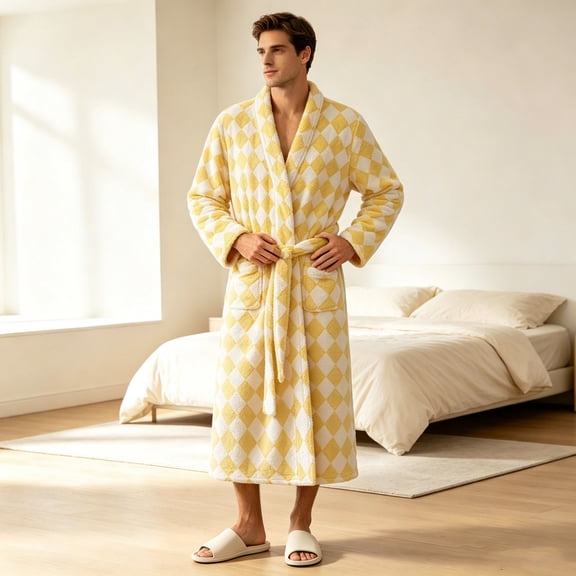SELONE Mens Robes Plush Comfy Flannel Bathrobe Lace up Side Argyle Long Sleeve Towel Robe with Pockets Home Sleepwear