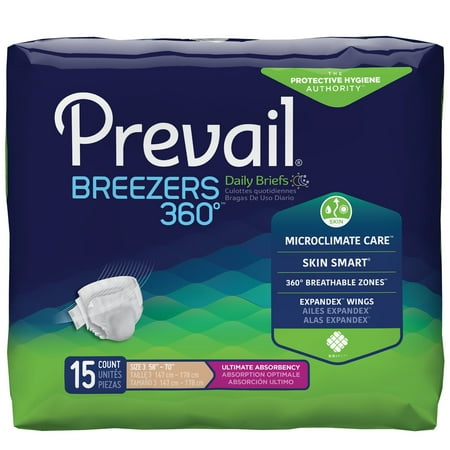 Prevail Unisex Breezers 360 Maximum Absorbency Incontinence Briefs, Size 3, 15 Count