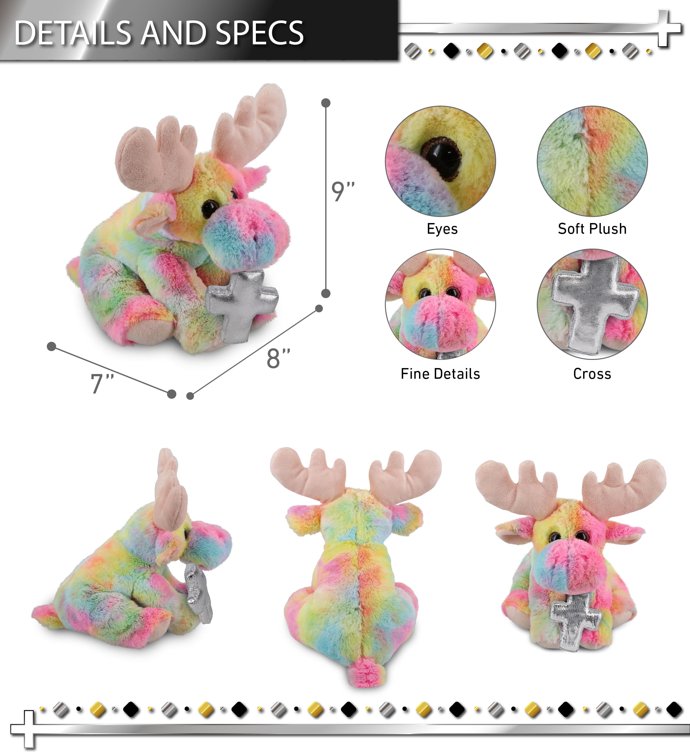 DolliBu Rainbow Floppy Moose Stuffed Animal with Silver Cross Plush - Religious Baptism Gifts for Boys and Girls, Dedication Christening Gifts Plush Prayer Toy Healing Stuffed Animal - 9 Inches