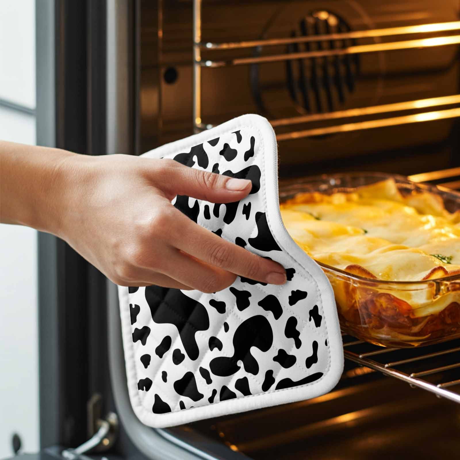 Cow Print Pot Holders for Kitchen Heatproof Potholder, 3 Pack Modern Black White Farm Animal Patterned Hot Pads Multipurpose Oven Pads Cloth Potholders Trivet for Cooking Baking