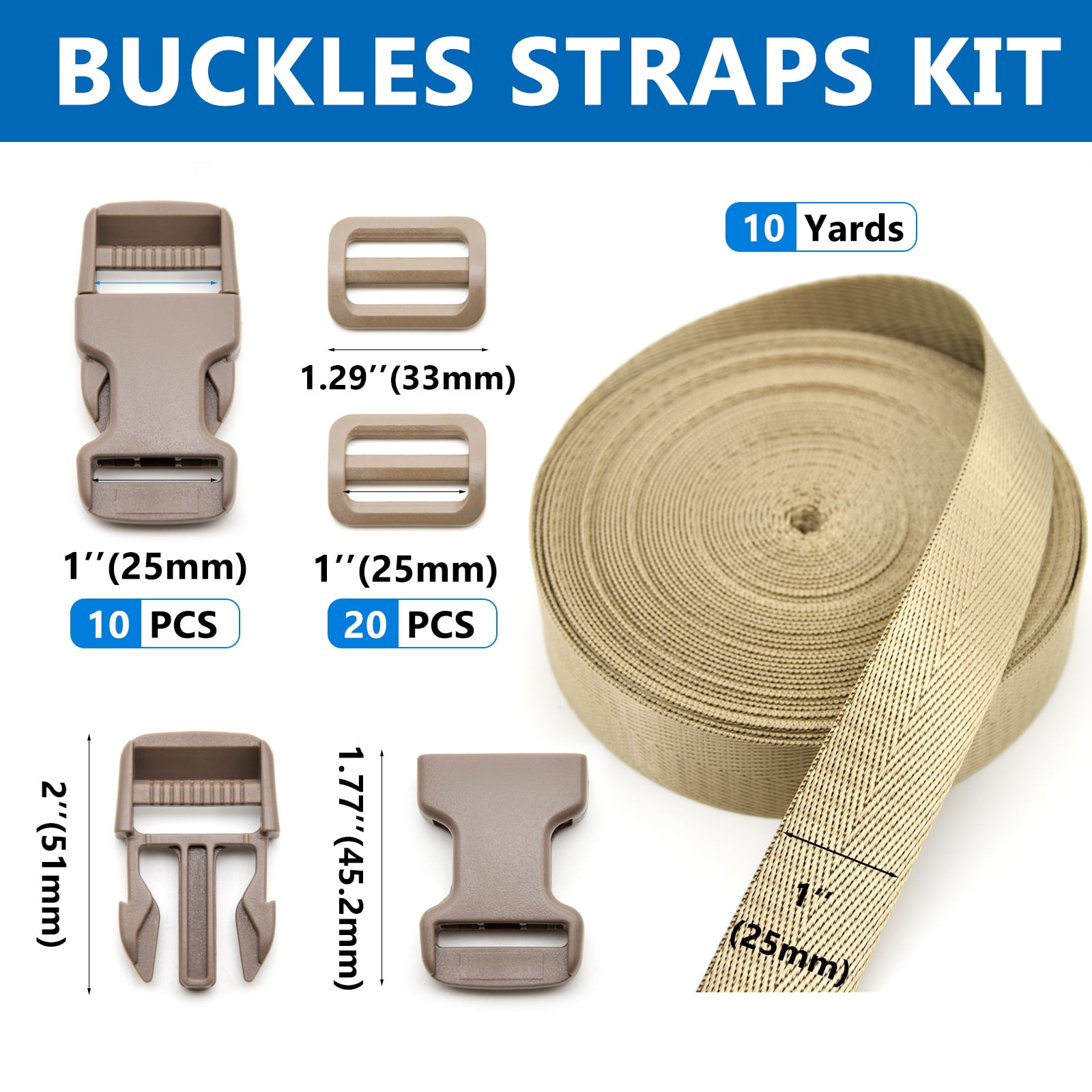  Buckle Straps 1 Inch Nylon Webbing Straps 9.8 Yards with  Plastic Buckles Clips Quick Release Adjustable 8 Pcs + Cam Safety Buckles 8  Pcs + Tri-Glide Slide Clip 16 PCS Heavy Duty Backpack Dog Collar